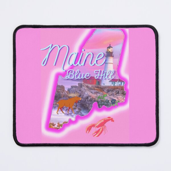 Item preview, Blue Hill Maine in pink grey Light blue and purple. State of Maine with a famous Maine lighthouse a lobster, moose and blueberries. designed and sold by Laree Jones.
