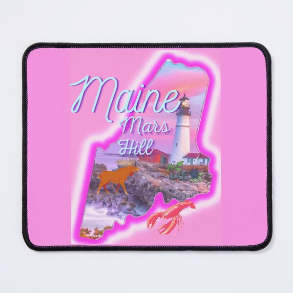 Item preview, Mars Hill Maine in pink grey Light blue and purple. State of Maine with a famous Maine lighthouse a lobster, moose and blueberries. designed and sold by Laree Jones.