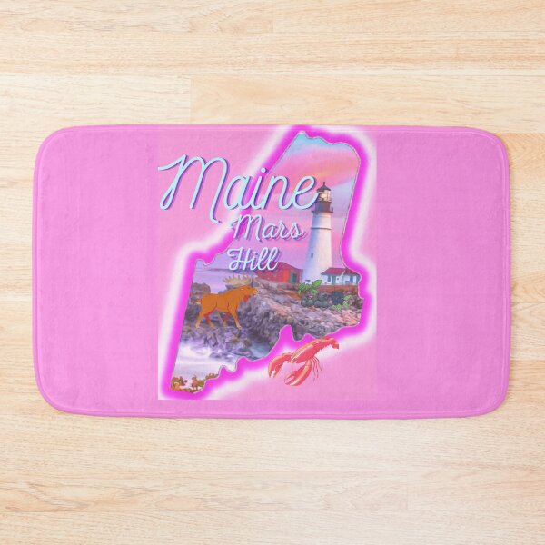Item preview, Mars Hill Maine in pink grey Light blue and purple. State of Maine with a famous Maine lighthouse a lobster, moose and blueberries.  designed and sold by Laree  Jones.