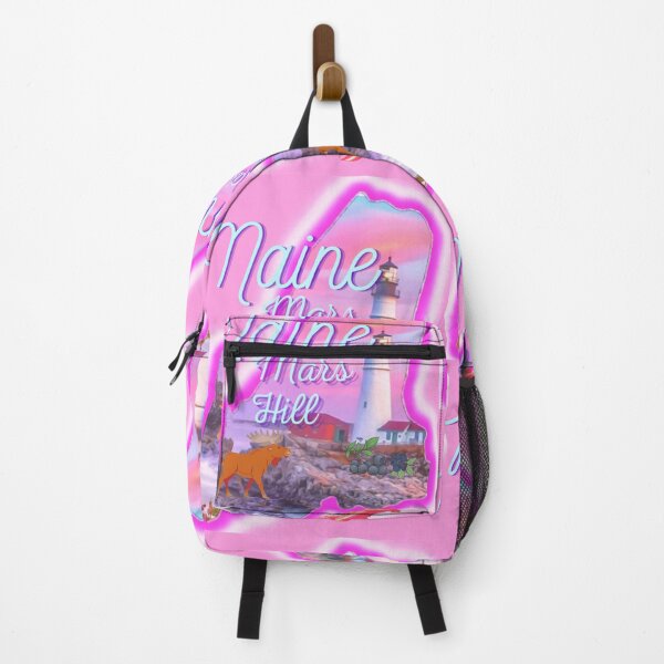 Item preview, Mars Hill Maine in pink grey Light blue and purple. State of Maine with a famous Maine lighthouse a lobster, moose and blueberries. designed and sold by Laree Jones.