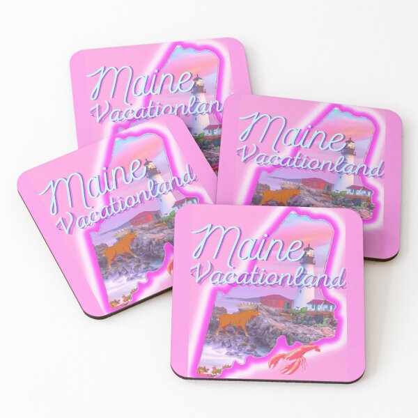 Item preview, Vacationland Maine in pink grey Light blue and purple. State of Maine with a famous Maine lighthouse a lobster, moose and blueberries. designed and sold by Laree Jones.