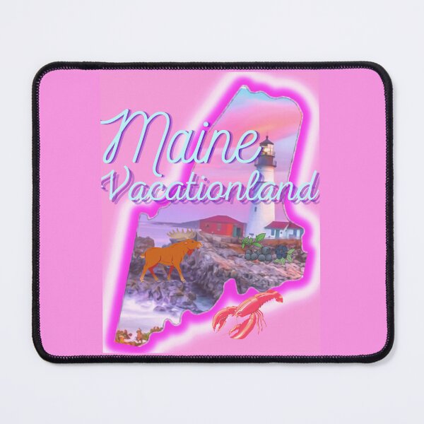 Item preview, Vacationland Maine in pink grey Light blue and purple. State of Maine with a famous Maine lighthouse a lobster, moose and blueberries. designed and sold by Laree Jones.