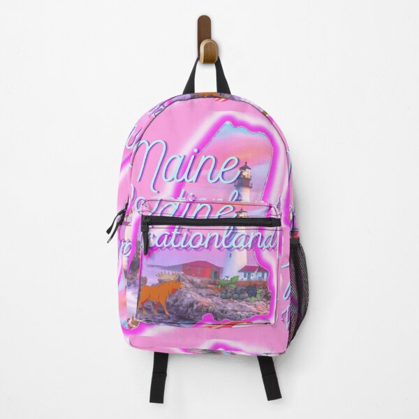 Item preview, Vacationland Maine in pink grey Light blue and purple. State of Maine with a famous Maine lighthouse a lobster, moose and blueberries. designed and sold by Laree Jones.