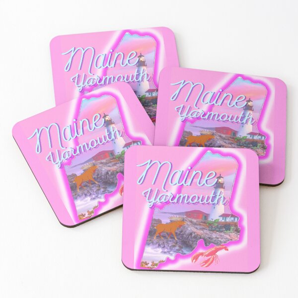 Item preview, Yarmouth Maine in pink grey Light blue and purple. State of Maine with a famous Maine lighthouse a lobster, moose and blueberries. designed and sold by Laree Jones.