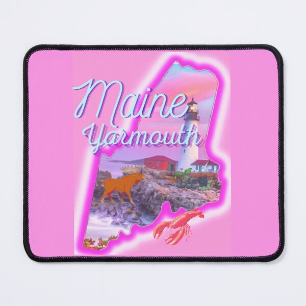 Item preview, Yarmouth Maine in pink grey Light blue and purple. State of Maine with a famous Maine lighthouse a lobster, moose and blueberries. designed and sold by Laree Jones.