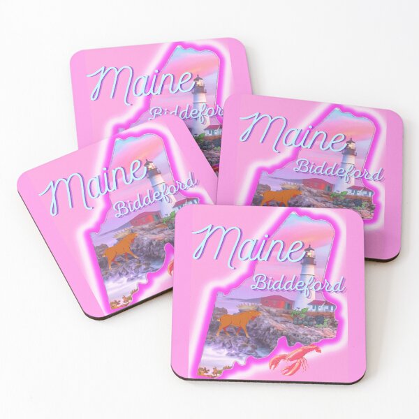Item preview, Biddeford Maine in pink grey Light blue and purple. State of Maine with a famous Maine lighthouse a lobster, moose and blueberries. designed and sold by Laree Jones.
