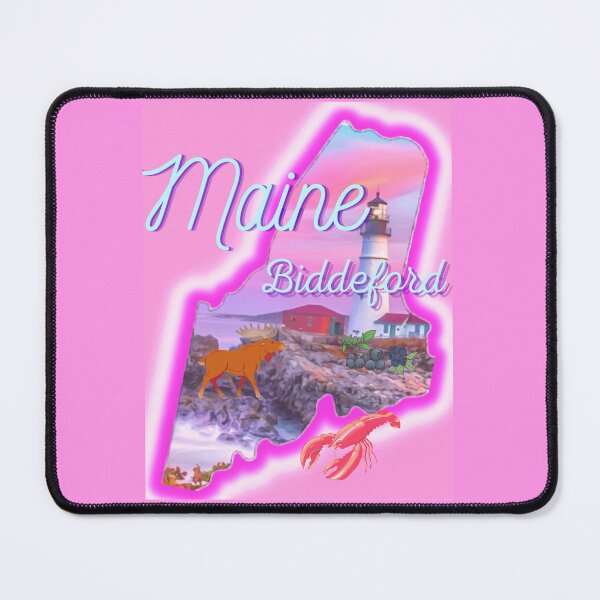 Item preview, Biddeford Maine in pink grey Light blue and purple. State of Maine with a famous Maine lighthouse a lobster, moose and blueberries. designed and sold by Laree Jones.