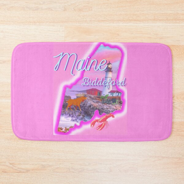 Item preview, Biddeford Maine in pink grey Light blue and purple. State of Maine with a famous Maine lighthouse a lobster, moose and blueberries.  designed and sold by Laree  Jones.
