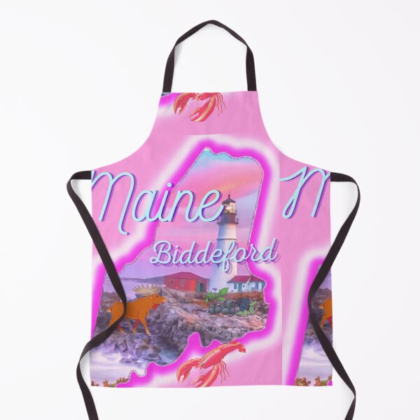 Item preview, Biddeford Maine in pink grey Light blue and purple. State of Maine with a famous Maine lighthouse a lobster, moose and blueberries.  designed and sold by Laree  Jones.