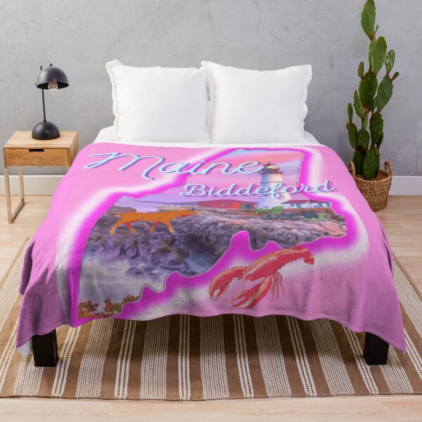Item preview, Biddeford Maine in pink grey Light blue and purple. State of Maine with a famous Maine lighthouse a lobster, moose and blueberries. designed and sold by Laree Jones.