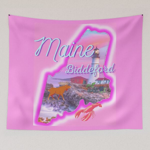 Item preview, Biddeford Maine in pink grey Light blue and purple. State of Maine with a famous Maine lighthouse a lobster, moose and blueberries.  designed and sold by Laree  Jones.