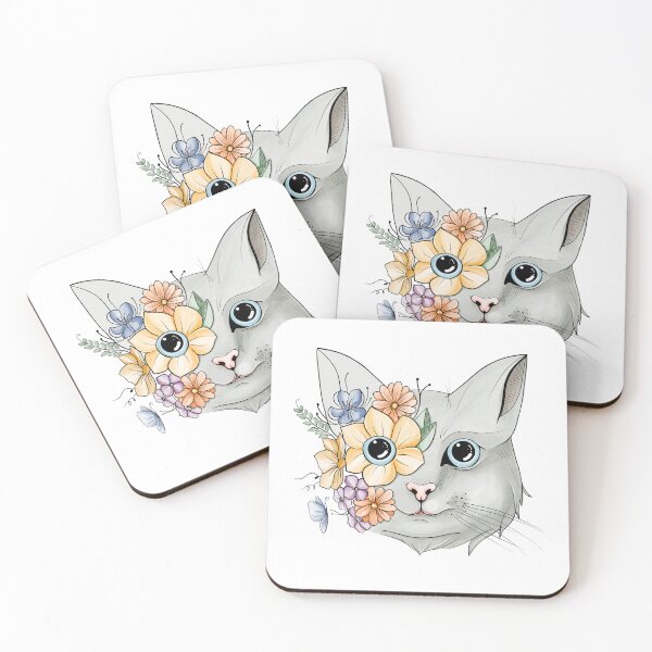 Item preview, Cute kitten face floral art doodle cat head flowers minimal decor art designed and sold by Sashindra Wijayarathna.