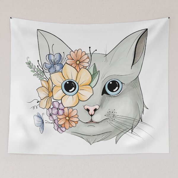 Item preview, Cute kitten face floral art doodle cat head flowers minimal decor art designed and sold by Sashindra Wijayarathna.