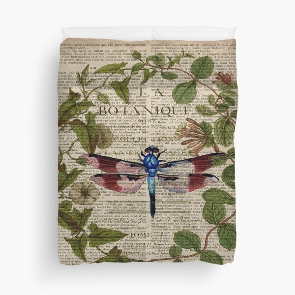 modern leaves botanical art vintage french dragonfly Duvet Cover