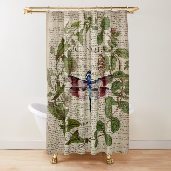 modern leaves botanical art vintage french dragonfly Shower Curtain