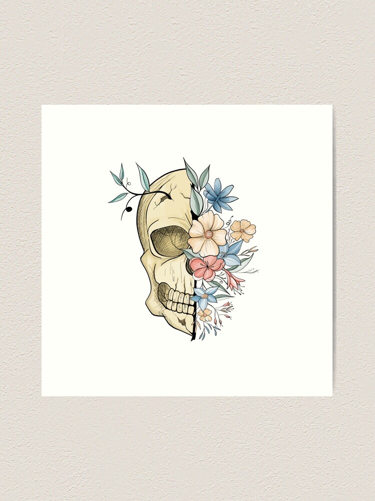 Skull head with flowers floral doodle art minimal illustration with