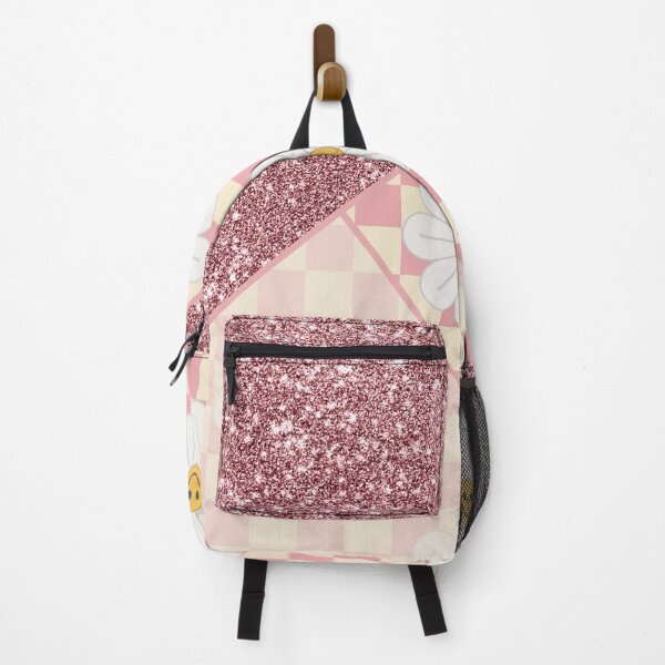 Item preview, pink glitter checkered happy flower hippy pattern designed and sold by Beeroclock.