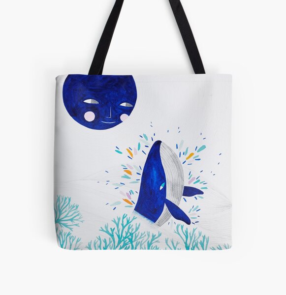 blue whale singing to the moon illustration All Over Print Tote Bag