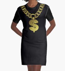 Gold Dollar Sign Medallion on Chain Graphic T-Shirt Dress