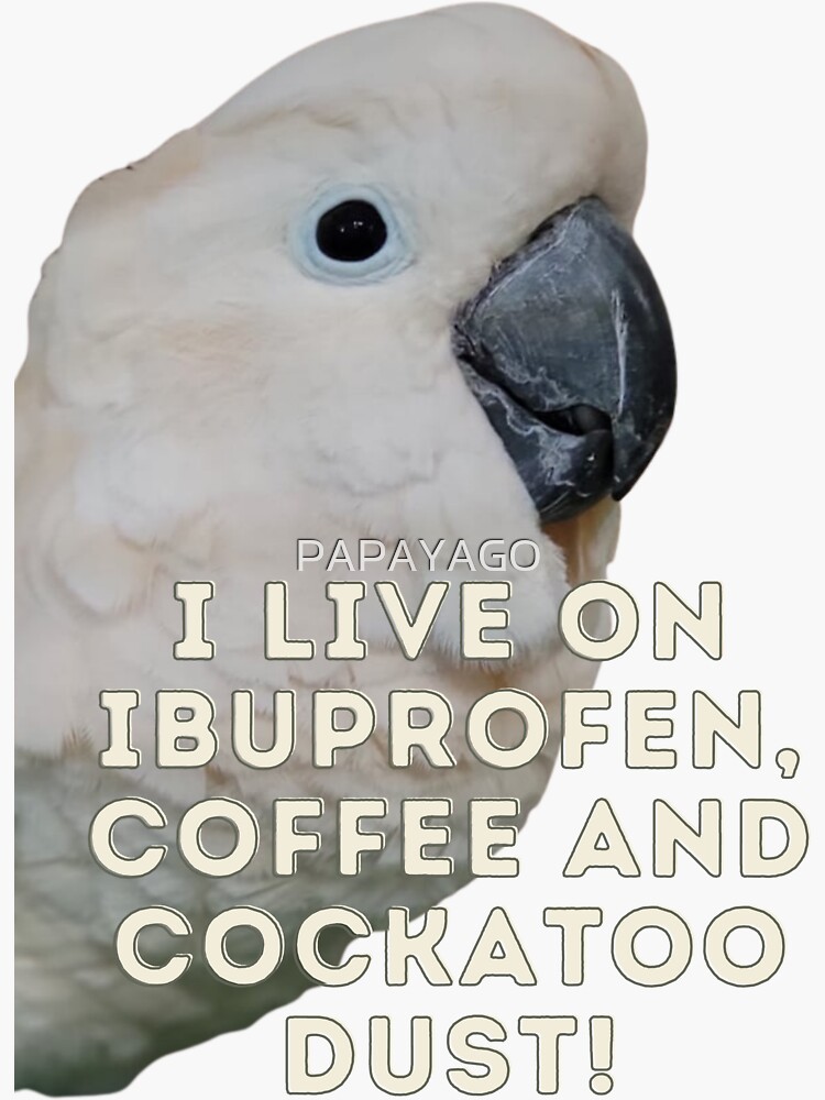 "Need we say more? Cockatoos, coffee, and ibuprofen!" Sticker for Sale