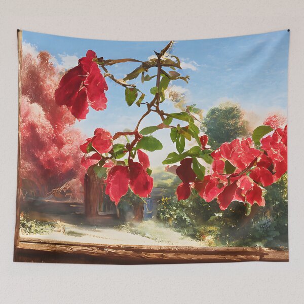 Item preview, Red bougainvillea vines in a cottage windlow designed and sold by fizzribbit.
