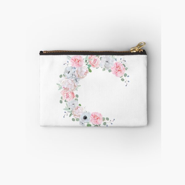 Item preview, Delicate floral vector round frame with peony, rose, camellia, anemone, eucalyptus, brunia on white. Pink and white flowers. Half moon shape bouquet. All elements are isolated and editable. designed and sold by lavendertime.