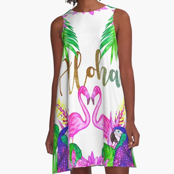 Aloha! Tropical print with flamingos and parrots A-Line Dress