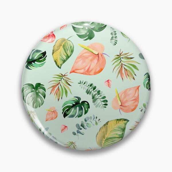 Item preview, Colorful tropical flowers, anthurium, tailflower, flamingo flower, and laceleaf, teal green leaves, watercolor tropical florals designed and sold by Orianah.