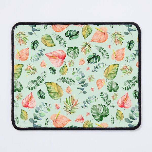 Item preview, Colorful tropical flowers, anthurium, tailflower, flamingo flower, and laceleaf, teal green leaves, watercolor tropical florals designed and sold by Orianah.