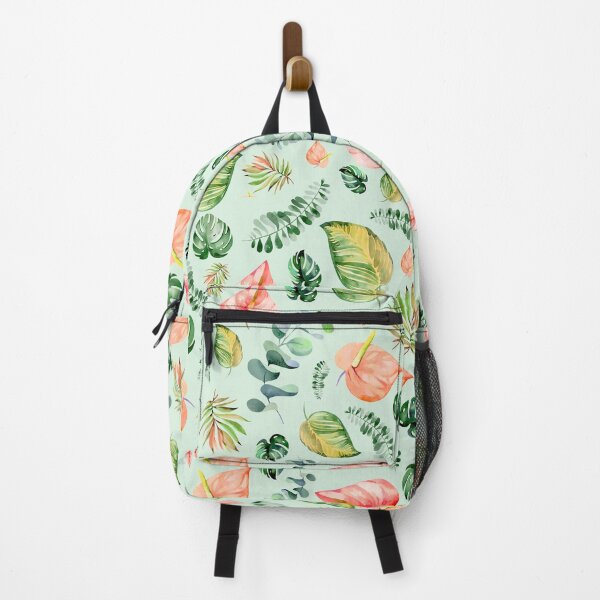 Item preview, Colorful tropical flowers, anthurium, tailflower, flamingo flower, and laceleaf, teal green leaves, watercolor tropical florals designed and sold by Orianah.