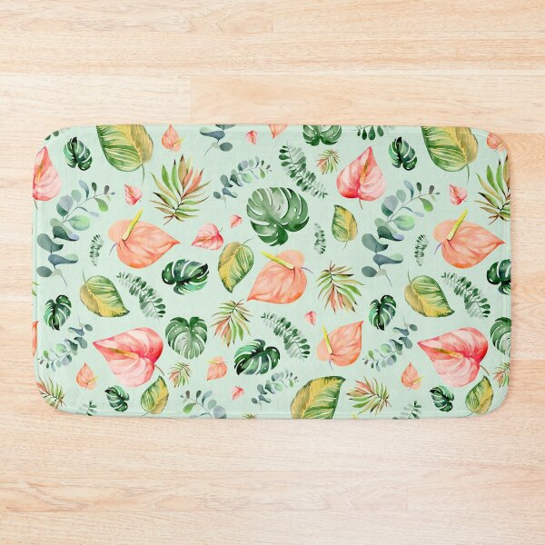 Item preview, Colorful tropical flowers, anthurium, tailflower, flamingo flower, and laceleaf, teal green leaves, watercolor tropical florals designed and sold by Orianah.