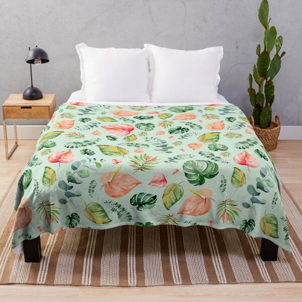 Item preview, Colorful tropical flowers, anthurium, tailflower, flamingo flower, and laceleaf, teal green leaves, watercolor tropical florals designed and sold by Orianah.