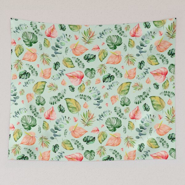 Item preview, Colorful tropical flowers, anthurium, tailflower, flamingo flower, and laceleaf, teal green leaves, watercolor tropical florals designed and sold by Orianah.