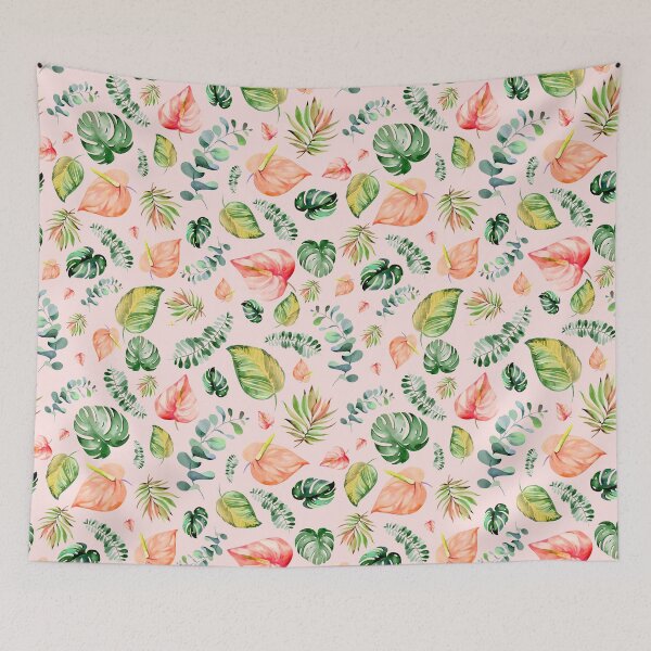 Item preview, Colorful tropical flowers, anthurium, tailflower, flamingo flower, and laceleaf, teal green leaves, watercolor tropical florals designed and sold by Orianah.