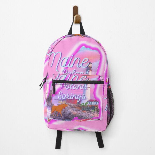 Item preview, Poland springs Maine in pink grey Light blue and purple. State of Maine with a famous Maine lighthouse a lobster, moose and blueberries. designed and sold by Laree Jones.