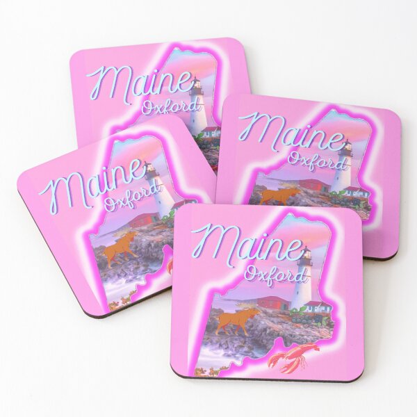 Item preview, Oxford Maine in pink grey Light blue and purple. State of Maine with a famous Maine lighthouse a lobster, moose and blueberries. designed and sold by Laree Jones.
