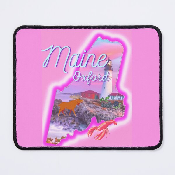 Item preview, Oxford Maine in pink grey Light blue and purple. State of Maine with a famous Maine lighthouse a lobster, moose and blueberries. designed and sold by Laree Jones.