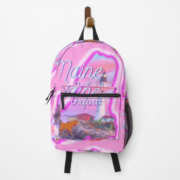 Item preview, Oxford Maine in pink grey Light blue and purple. State of Maine with a famous Maine lighthouse a lobster, moose and blueberries. designed and sold by Laree Jones.