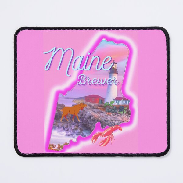 Item preview, Brewer Maine in pink grey Light blue and purple. State of Maine with a famous Maine lighthouse a lobster, moose and blueberries. designed and sold by Laree Jones.