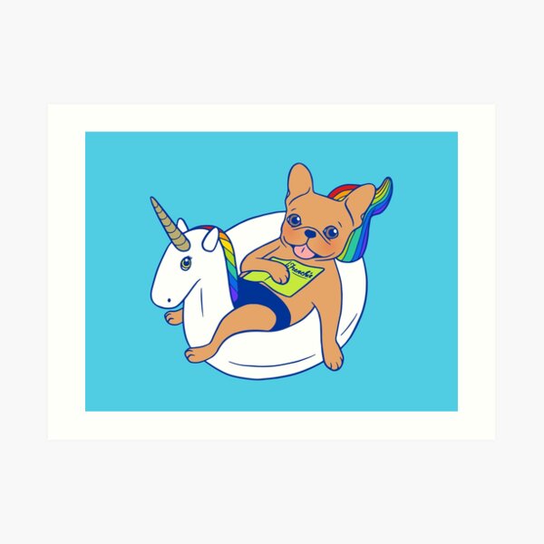 Frenchie genießt Sommer auf Einhornpoolfloss im Swimmingpool Kunstdruck