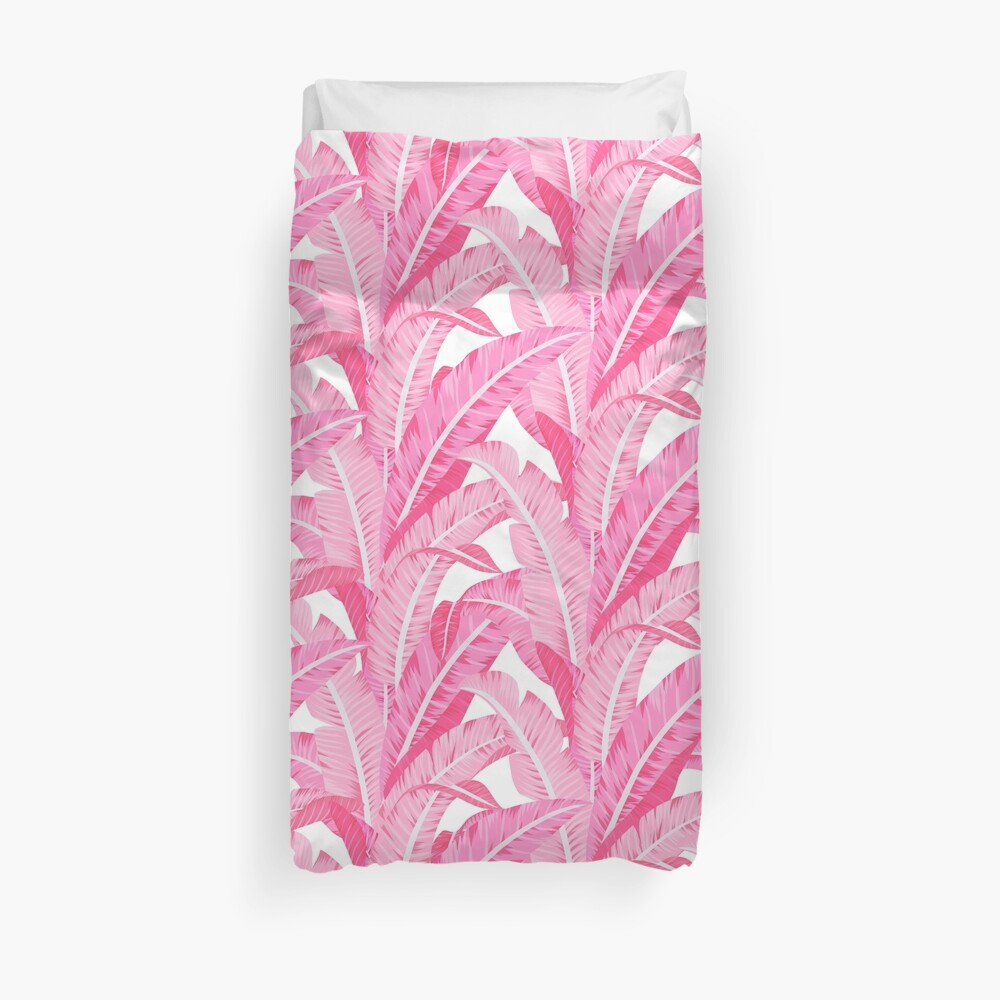 Pink banana leaves tropical pattern on white Duvet Cover