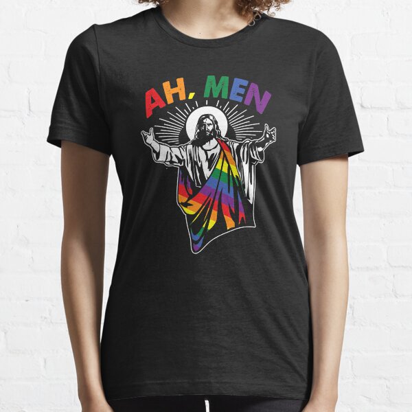 Ah Men Funny LGBT Gay Pride Jesus Rainbow Flag Christian Essential T-Shirt