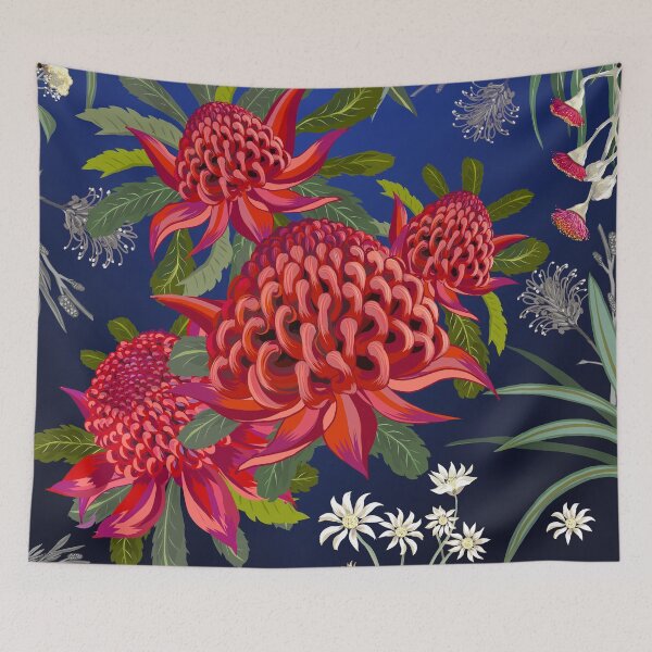 Item preview, Botanical Australian native flowers, Waratah, forals, red, blue, bright contemporary art designed and sold by chrissyink.