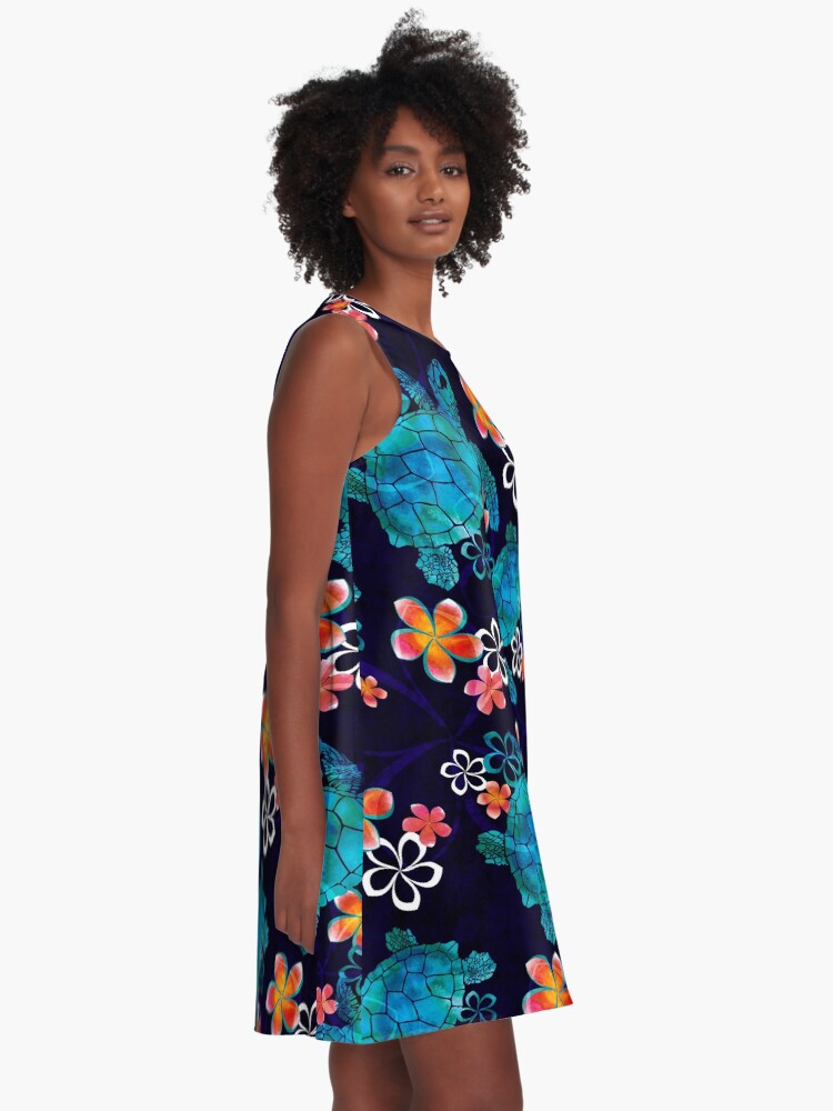 Alternate view of Sea Turtle with Flowers A-Line Dress