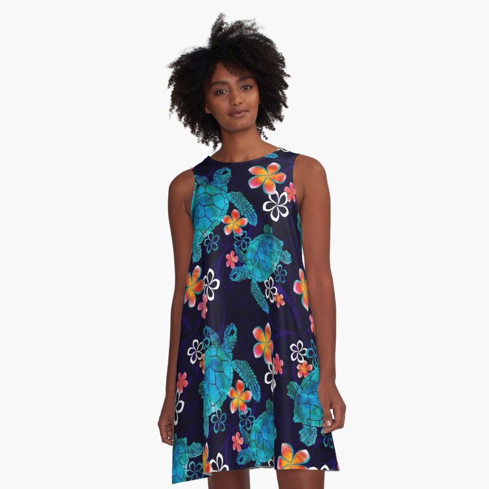 Sea Turtle with Flowers A-Line Dress