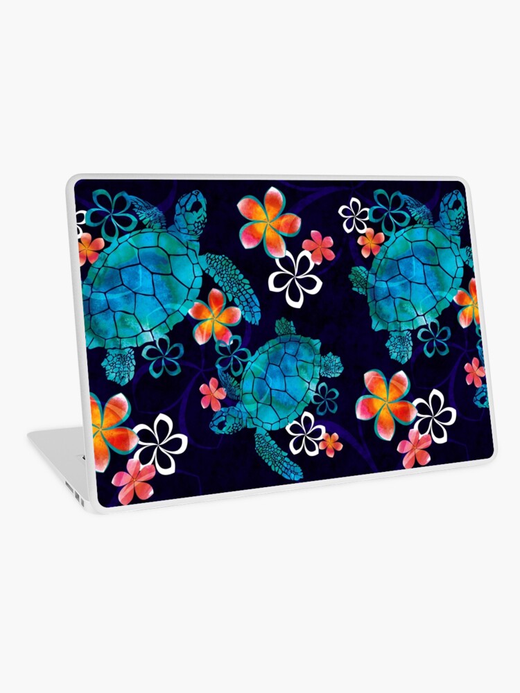 Aperçu 1 sur 2. Skin adhésive d'ordinateur avec l'œuvre Tortue de mer avec des fleurs créée et vendue par kreinholds.