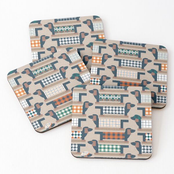 Item preview, Cheerful doxies check! // greige background pine and jade green gold drop and sea buckthorn orange checks dog winter clothes nile blue and brown geometric dachshund puppies  designed and sold by SelmaCardoso.