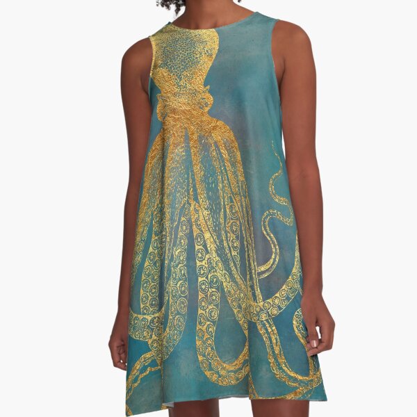 Deep Sea Life II Golden Octopus, marine texture A-Line Dress