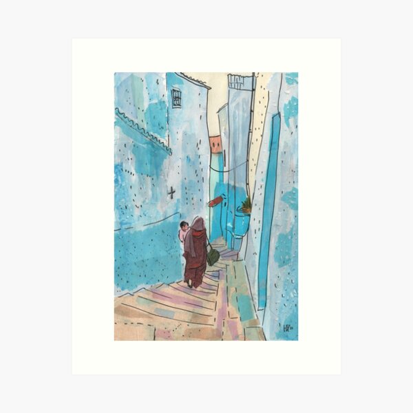 Street of Chefchaouen, Morocco Old Town Paper Collage Sketch Art Print