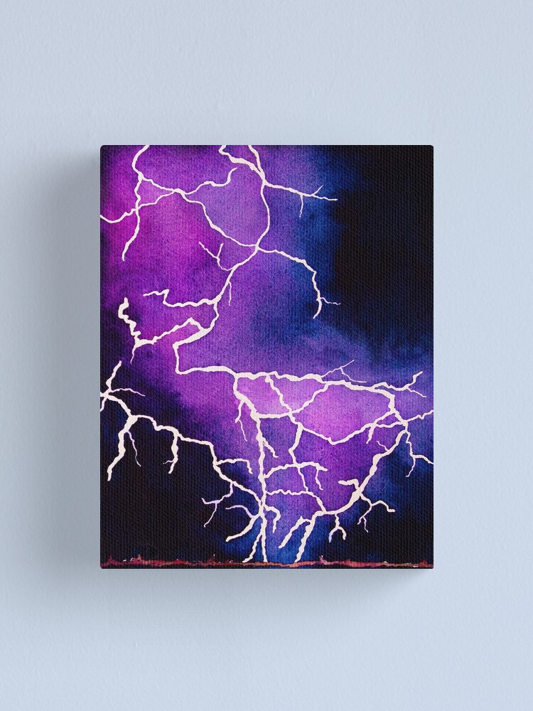 Purple lightning in dramatic stormy skies painted traditionally